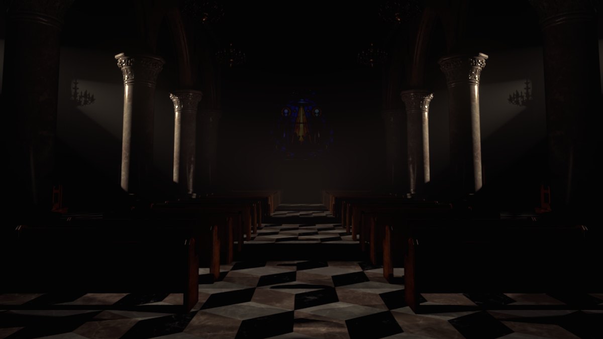 The Lumen cathedral nave in darkness.